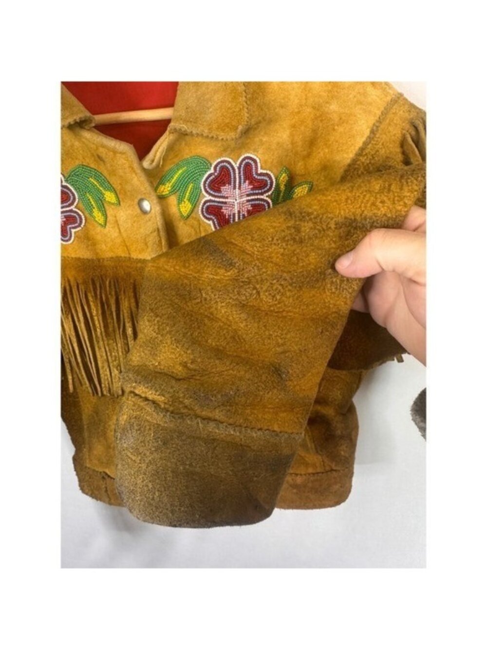 Vintage Buckskin Western Beaded Fringe Jacket Leather Floral Native Crop Women S - Picture 5 of 16